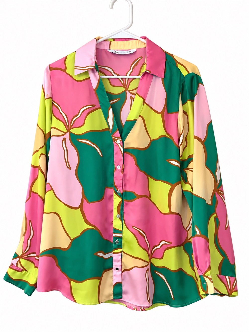 Zara Satin Button Down Blouse Pink Green Gold Buttons Size L - Picture 2 of 4